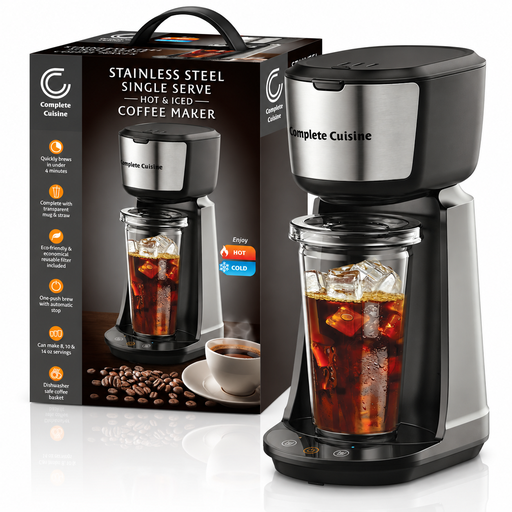 [CC-303C-HCSS-HDL] Complete Cuisine® Stainless Steel Single Serve Hot & Iced Coffee Maker